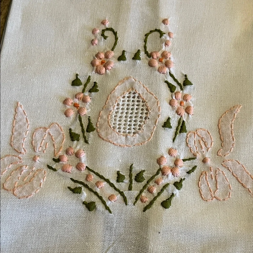 Embroidered White hand Towel with Pink and Green Floral Design NWOT